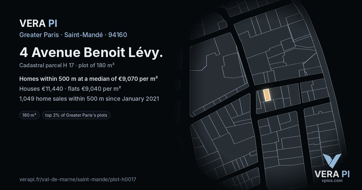 4 Avenue Benoit Lévy, Saint-Mandé at night – the plot lit, the parcels around coloured by the prices near them