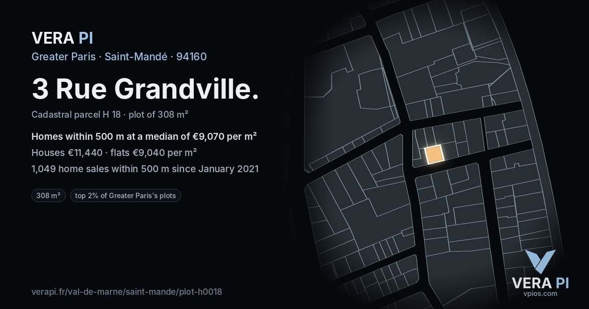 3 Rue Grandville, Saint-Mandé at night – the plot lit, the parcels around coloured by the prices near them