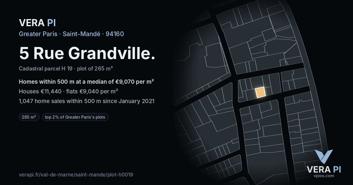 5 Rue Grandville, Saint-Mandé at night – the plot lit, the parcels around coloured by the prices near them