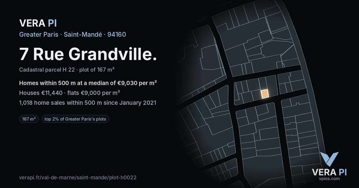 7 Rue Grandville, Saint-Mandé at night – the plot lit, the parcels around coloured by the prices near them