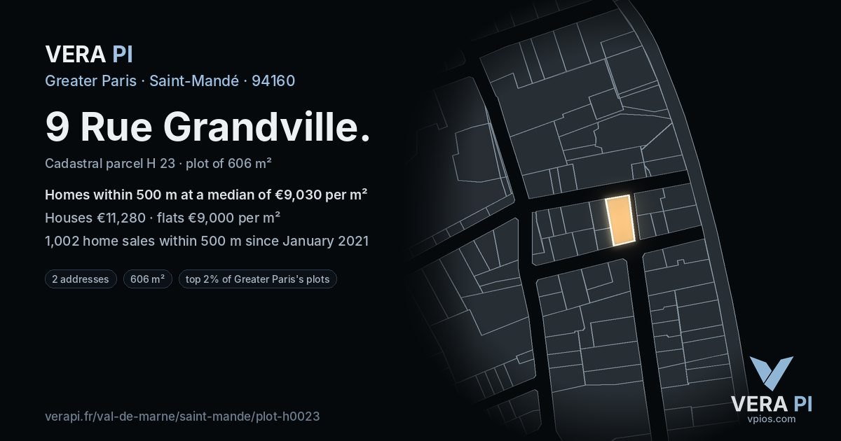 9 Rue Grandville, Saint-Mandé at night – the plot lit, the parcels around coloured by the prices near them