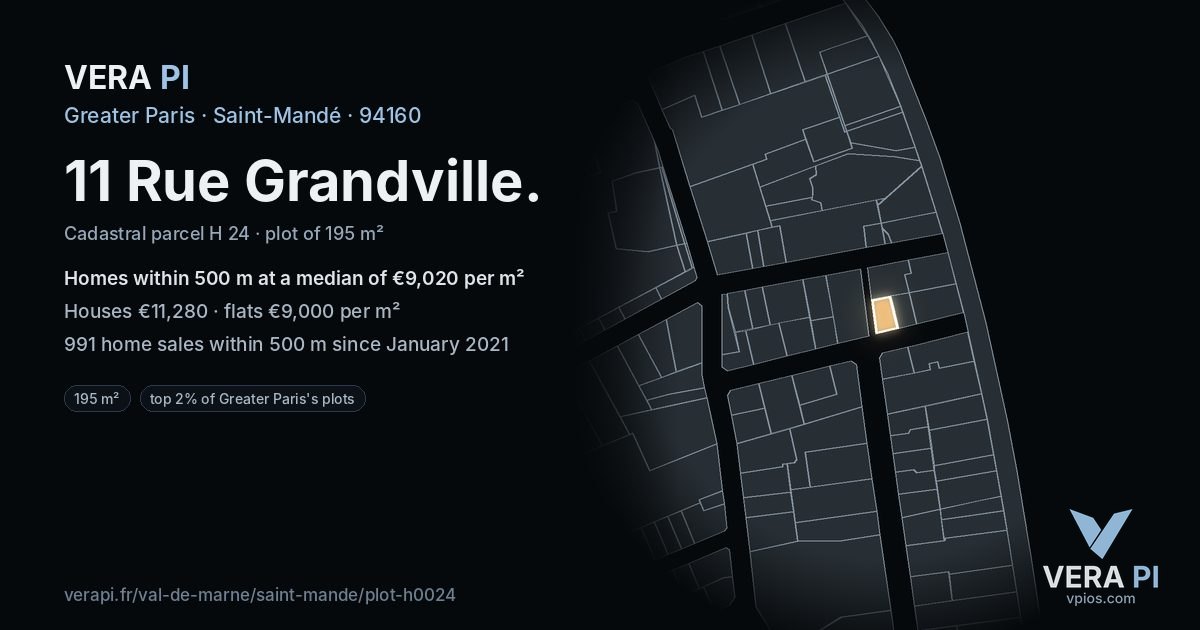 11 Rue Grandville, Saint-Mandé at night – the plot lit, the parcels around coloured by the prices near them