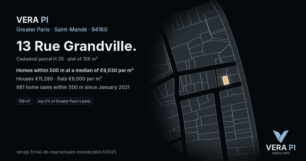 13 Rue Grandville, Saint-Mandé at night – the plot lit, the parcels around coloured by the prices near them