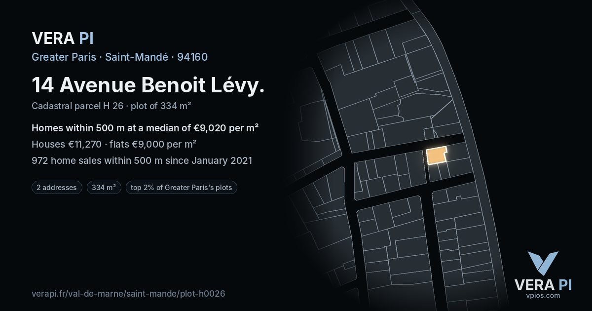 14 Avenue Benoit Lévy, Saint-Mandé at night – the plot lit, the parcels around coloured by the prices near them