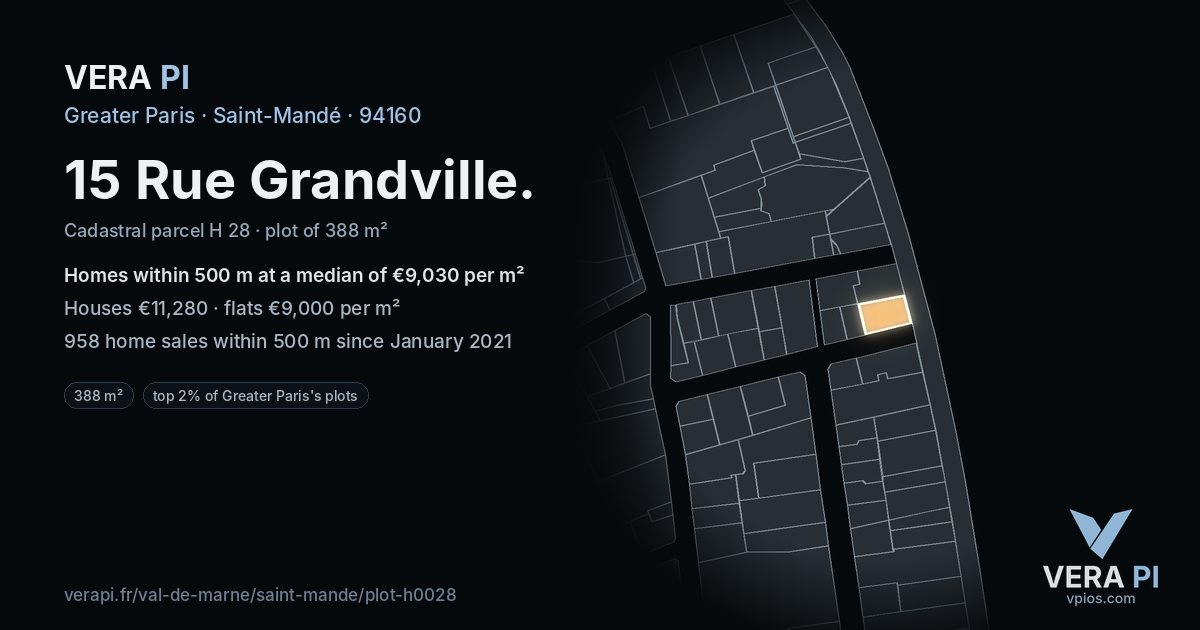 15 Rue Grandville, Saint-Mandé at night – the plot lit, the parcels around coloured by the prices near them