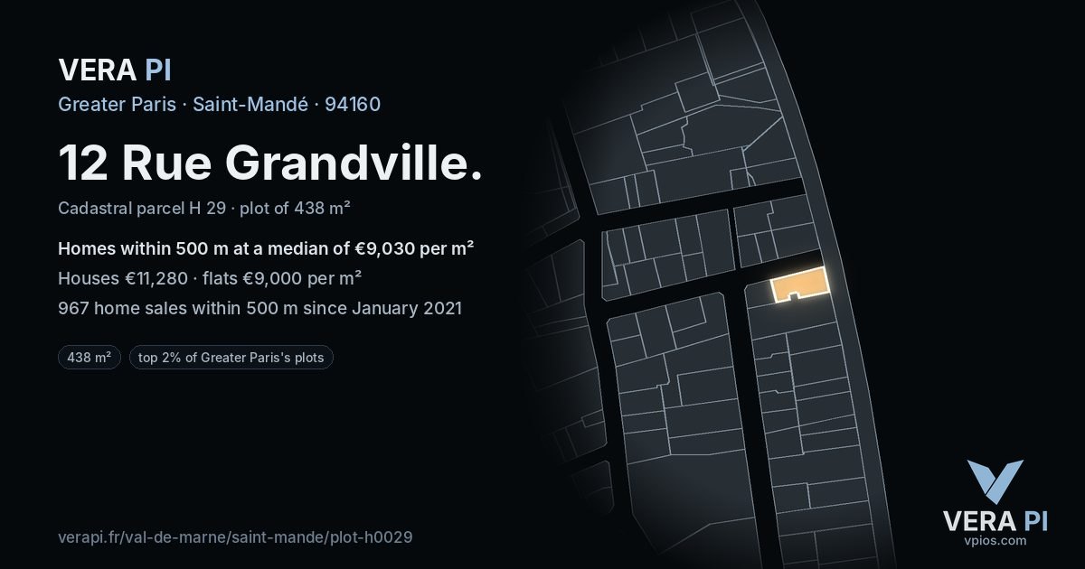 12 Rue Grandville, Saint-Mandé at night – the plot lit, the parcels around coloured by the prices near them