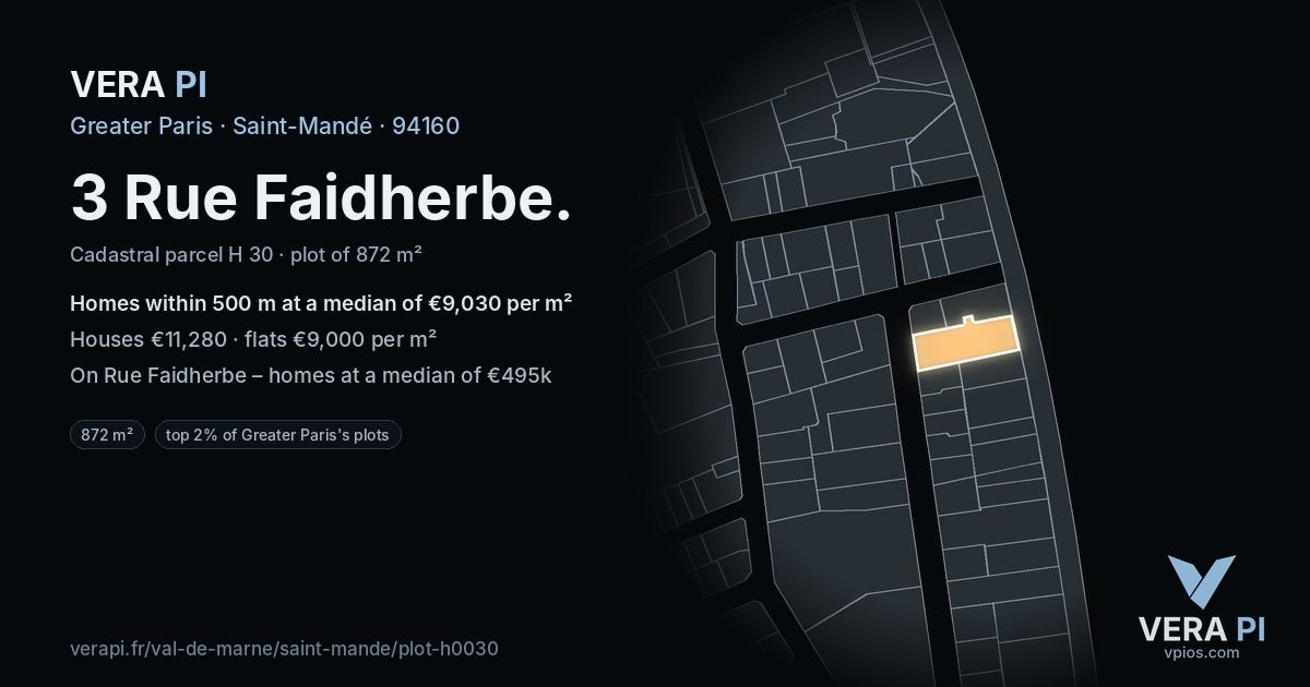 3 Rue Faidherbe, Saint-Mandé at night – the plot lit, the parcels around coloured by the prices near them