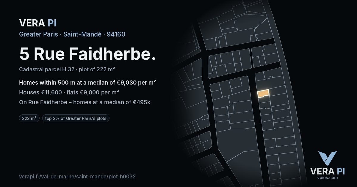 5 Rue Faidherbe, Saint-Mandé at night – the plot lit, the parcels around coloured by the prices near them