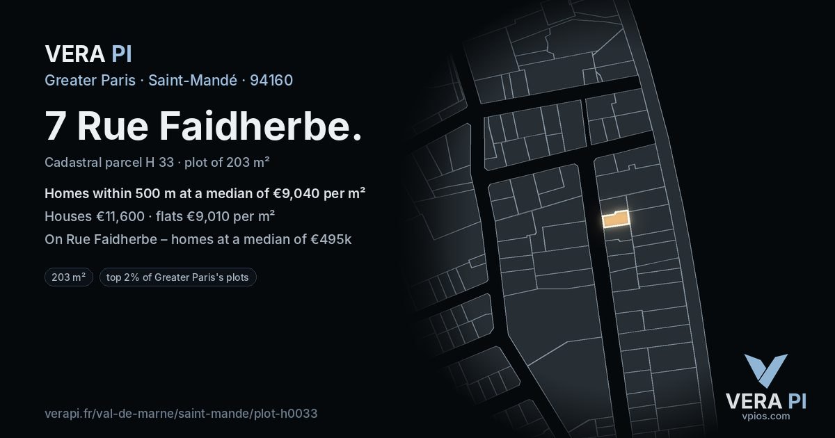 7 Rue Faidherbe, Saint-Mandé at night – the plot lit, the parcels around coloured by the prices near them