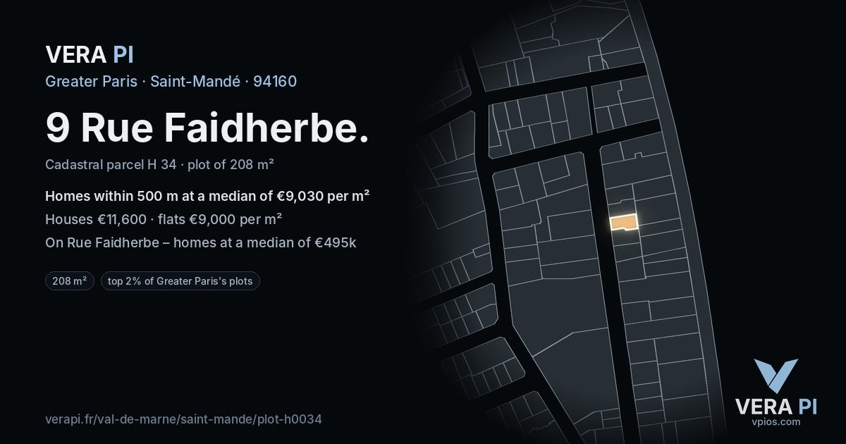 9 Rue Faidherbe, Saint-Mandé at night – the plot lit, the parcels around coloured by the prices near them
