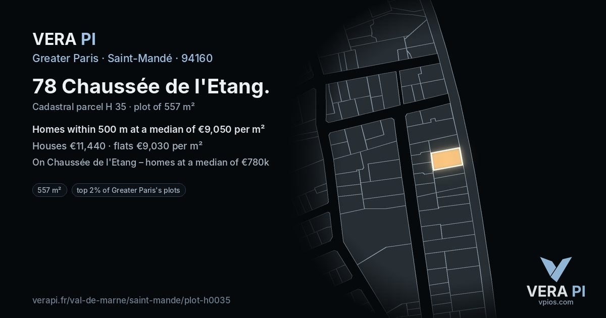 78 Chaussée de l'Etang, Saint-Mandé at night – the plot lit, the parcels around coloured by the prices near them