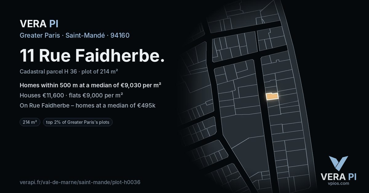 11 Rue Faidherbe, Saint-Mandé at night – the plot lit, the parcels around coloured by the prices near them
