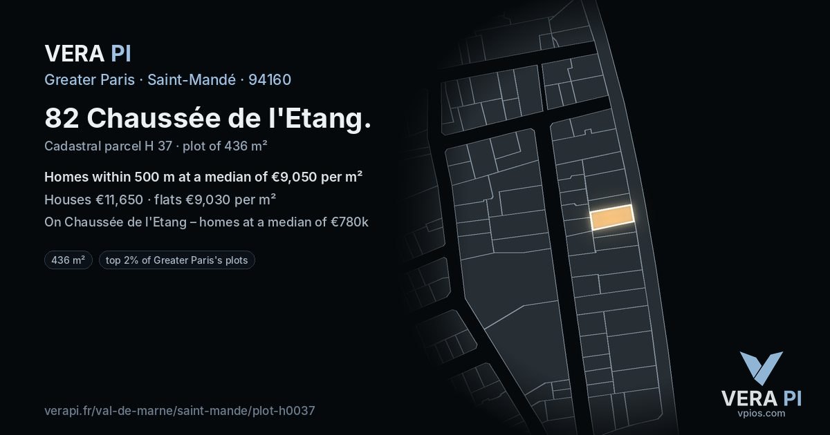 82 Chaussée de l'Etang, Saint-Mandé at night – the plot lit, the parcels around coloured by the prices near them