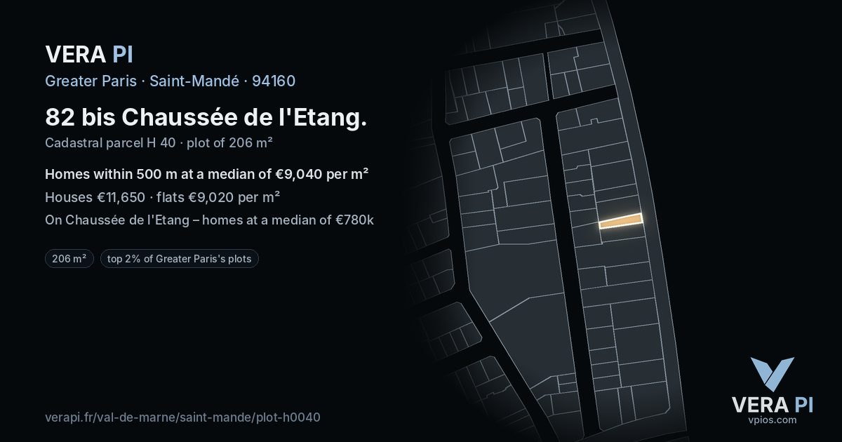 82 bis Chaussée de l'Etang, Saint-Mandé at night – the plot lit, the parcels around coloured by the prices near them