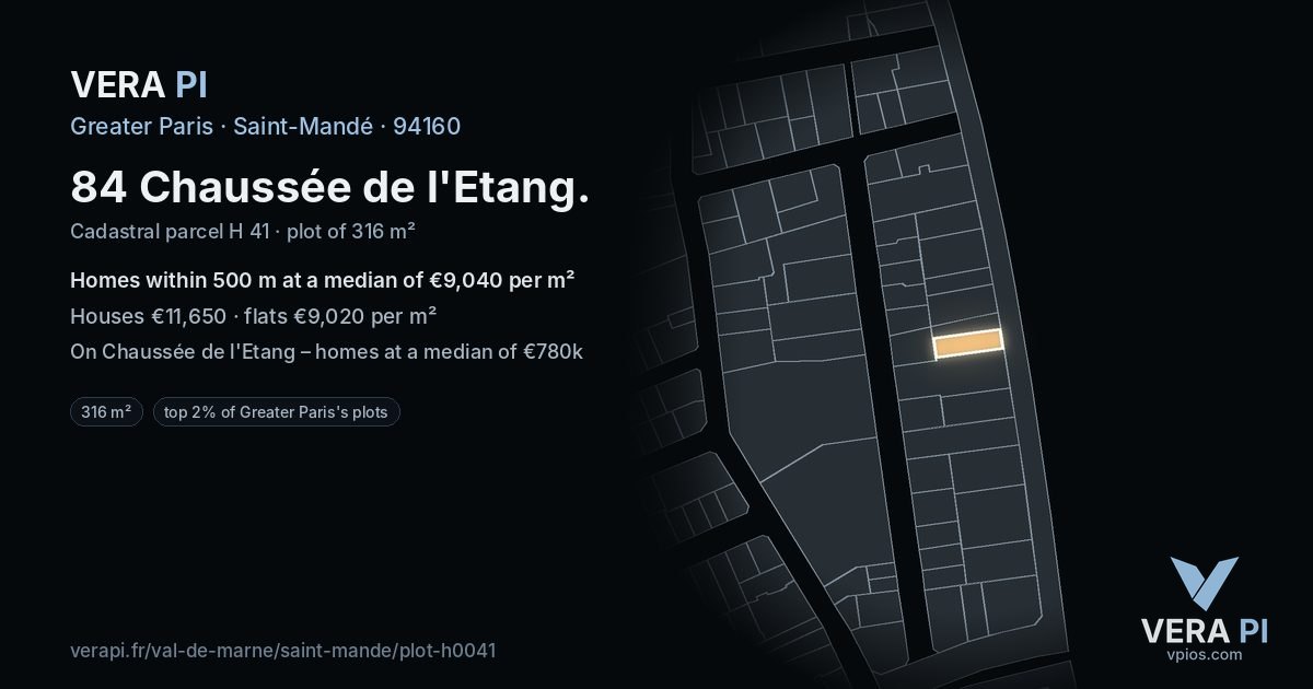 84 Chaussée de l'Etang, Saint-Mandé at night – the plot lit, the parcels around coloured by the prices near them
