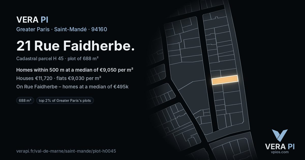 21 Rue Faidherbe, Saint-Mandé at night – the plot lit, the parcels around coloured by the prices near them