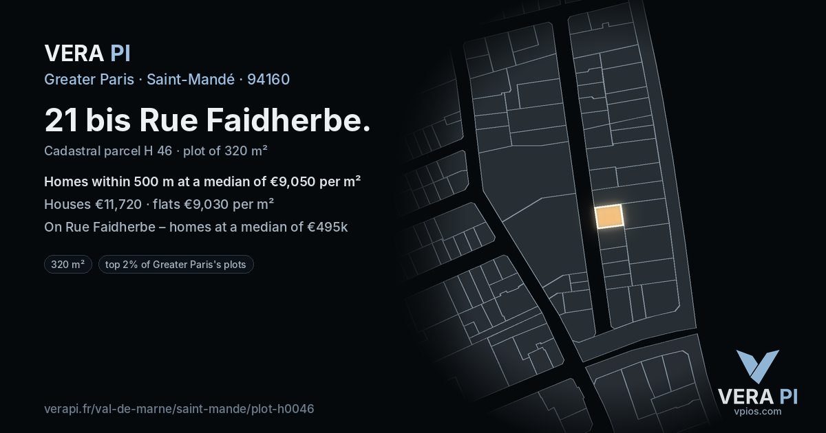 21 bis Rue Faidherbe, Saint-Mandé at night – the plot lit, the parcels around coloured by the prices near them