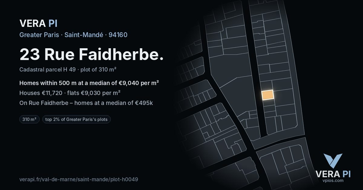 23 Rue Faidherbe, Saint-Mandé at night – the plot lit, the parcels around coloured by the prices near them