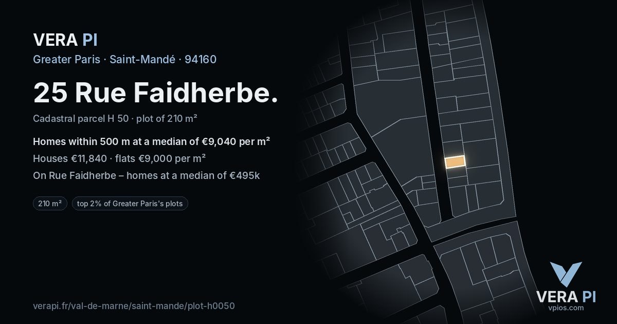 25 Rue Faidherbe, Saint-Mandé at night – the plot lit, the parcels around coloured by the prices near them