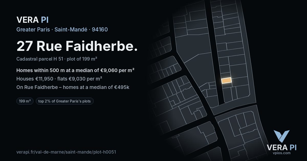 27 Rue Faidherbe, Saint-Mandé at night – the plot lit, the parcels around coloured by the prices near them