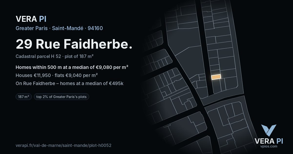29 Rue Faidherbe, Saint-Mandé at night – the plot lit, the parcels around coloured by the prices near them