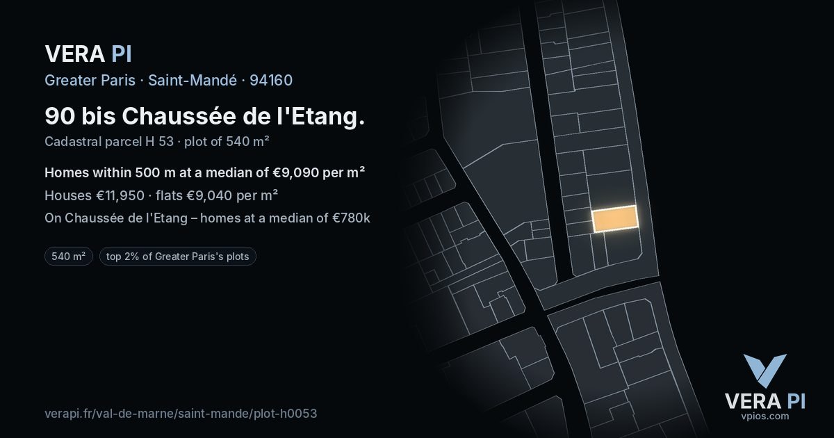 90 bis Chaussée de l'Etang, Saint-Mandé at night – the plot lit, the parcels around coloured by the prices near them
