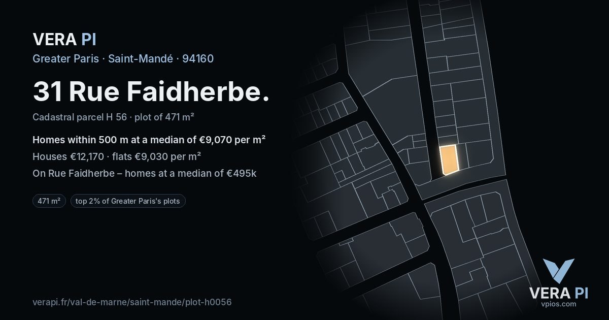 31 Rue Faidherbe, Saint-Mandé at night – the plot lit, the parcels around coloured by the prices near them