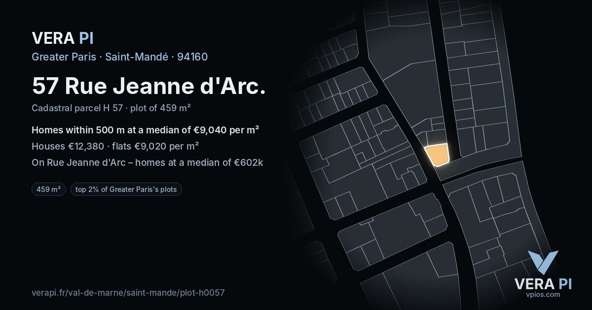 57 Rue Jeanne d'Arc, Saint-Mandé at night – the plot lit, the parcels around coloured by the prices near them