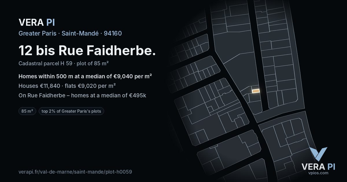 12 bis Rue Faidherbe, Saint-Mandé at night – the plot lit, the parcels around coloured by the prices near them