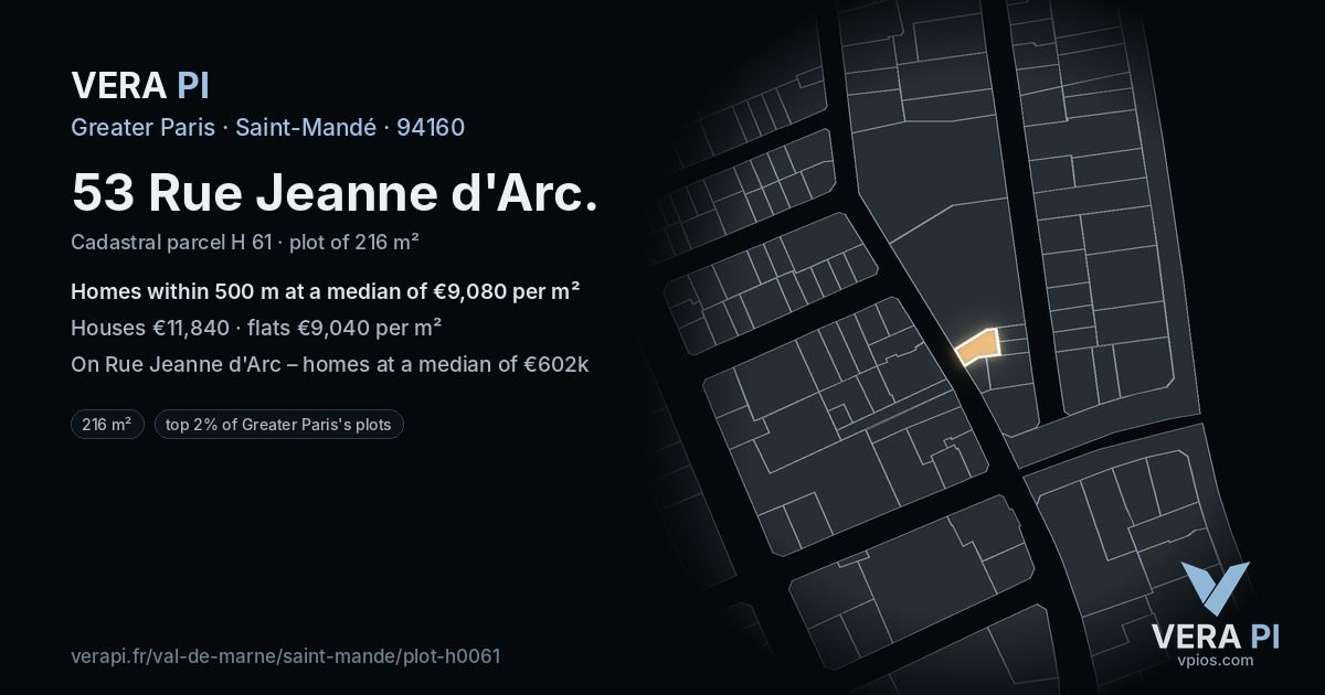 53 Rue Jeanne d'Arc, Saint-Mandé at night – the plot lit, the parcels around coloured by the prices near them