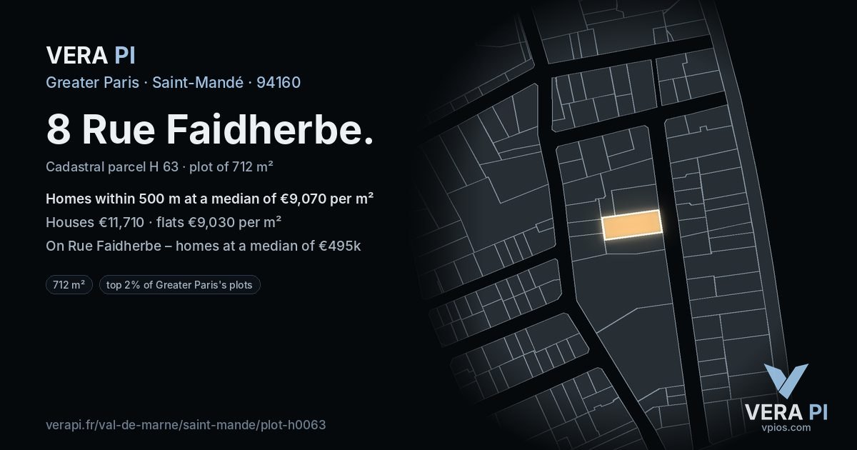 8 Rue Faidherbe, Saint-Mandé at night – the plot lit, the parcels around coloured by the prices near them