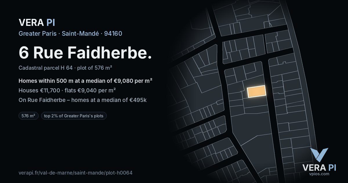 6 Rue Faidherbe, Saint-Mandé at night – the plot lit, the parcels around coloured by the prices near them