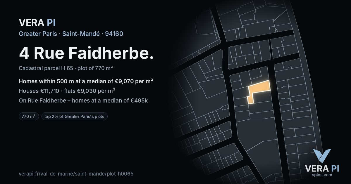 4 Rue Faidherbe, Saint-Mandé at night – the plot lit, the parcels around coloured by the prices near them