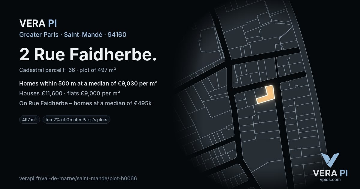2 Rue Faidherbe, Saint-Mandé at night – the plot lit, the parcels around coloured by the prices near them