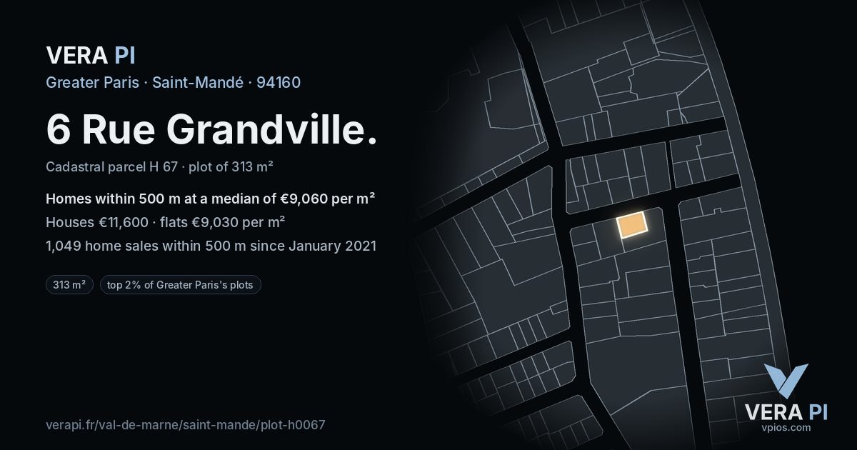 6 Rue Grandville, Saint-Mandé at night – the plot lit, the parcels around coloured by the prices near them