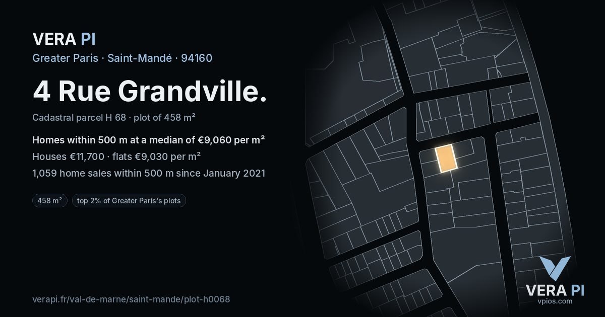4 Rue Grandville, Saint-Mandé at night – the plot lit, the parcels around coloured by the prices near them
