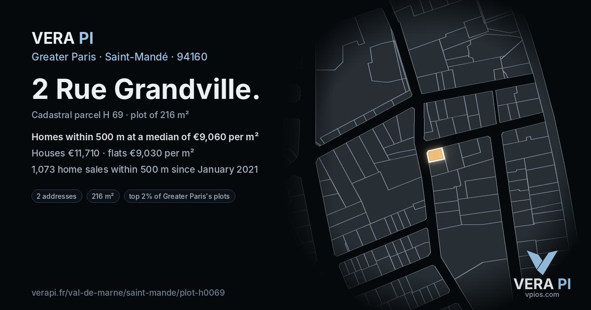2 Rue Grandville, Saint-Mandé at night – the plot lit, the parcels around coloured by the prices near them