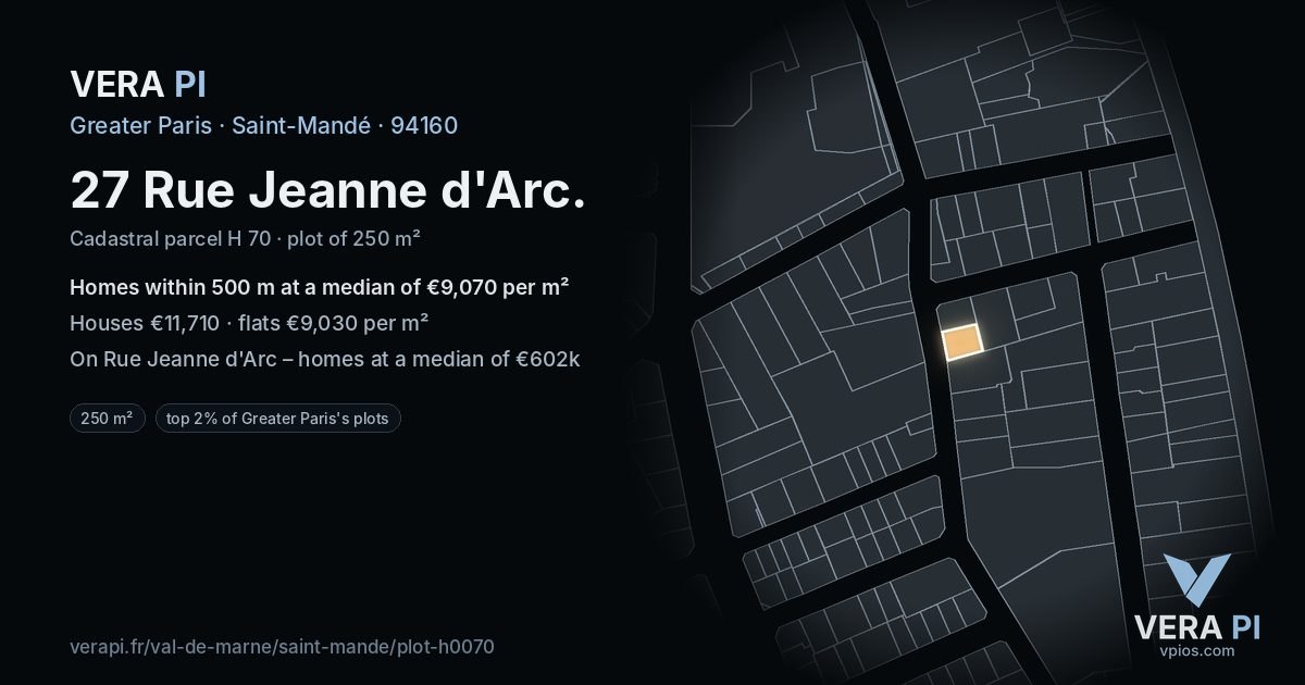 27 Rue Jeanne d'Arc, Saint-Mandé at night – the plot lit, the parcels around coloured by the prices near them