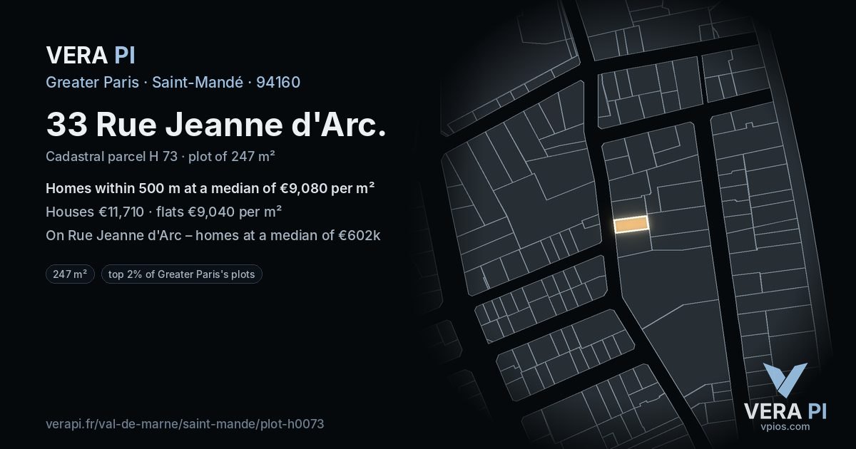 33 Rue Jeanne d'Arc, Saint-Mandé at night – the plot lit, the parcels around coloured by the prices near them