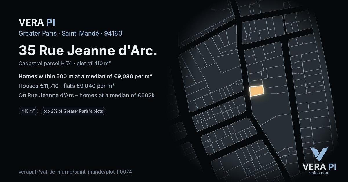 35 Rue Jeanne d'Arc, Saint-Mandé at night – the plot lit, the parcels around coloured by the prices near them
