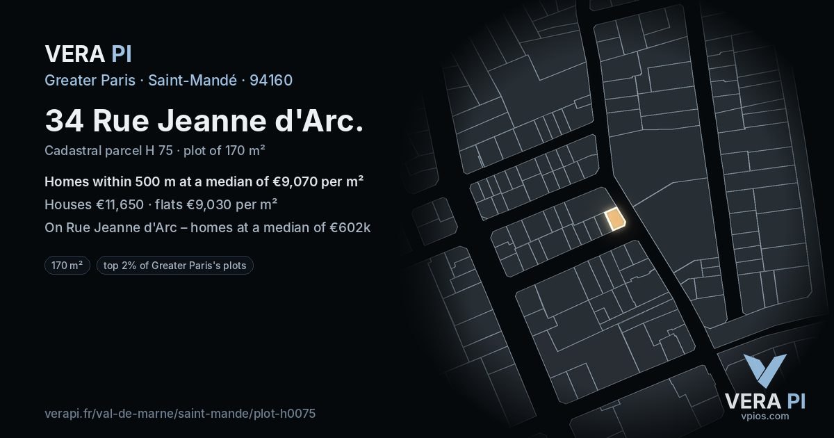 34 Rue Jeanne d'Arc, Saint-Mandé at night – the plot lit, the parcels around coloured by the prices near them