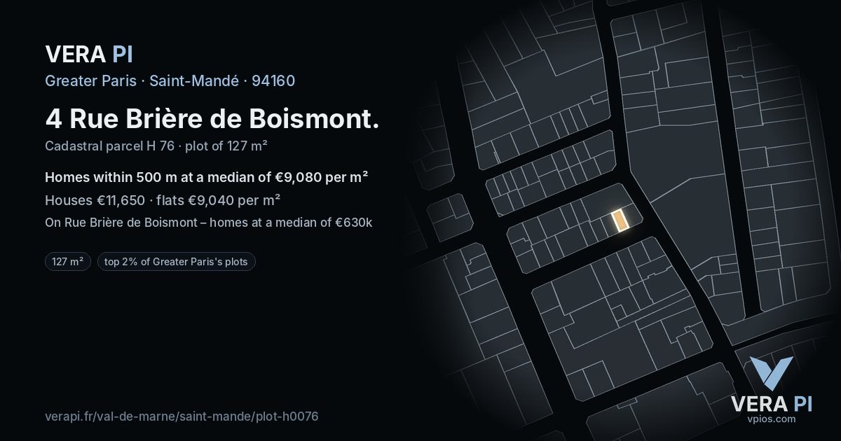 4 Rue Brière de Boismont, Saint-Mandé at night – the plot lit, the parcels around coloured by the prices near them