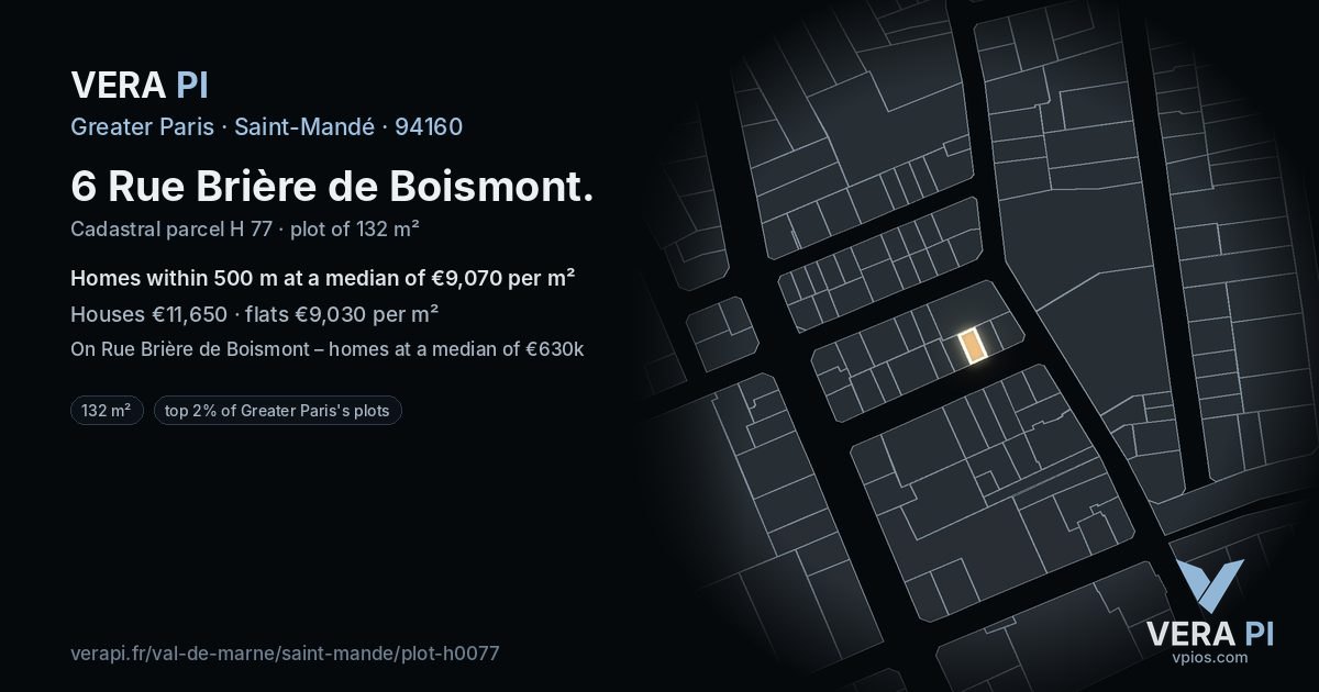 6 Rue Brière de Boismont, Saint-Mandé at night – the plot lit, the parcels around coloured by the prices near them