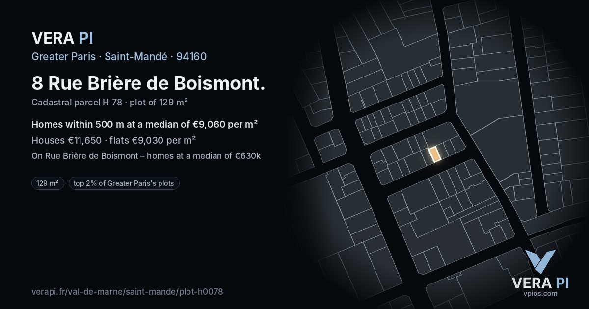 8 Rue Brière de Boismont, Saint-Mandé at night – the plot lit, the parcels around coloured by the prices near them