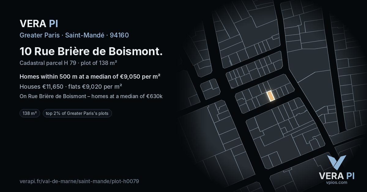 10 Rue Brière de Boismont, Saint-Mandé at night – the plot lit, the parcels around coloured by the prices near them