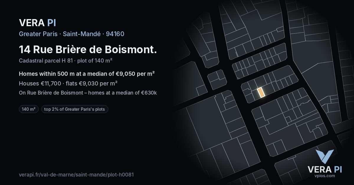 14 Rue Brière de Boismont, Saint-Mandé at night – the plot lit, the parcels around coloured by the prices near them