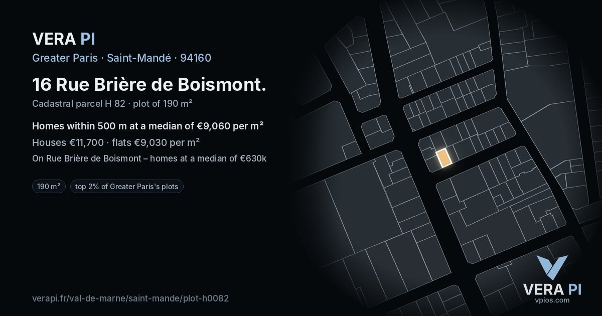 16 Rue Brière de Boismont, Saint-Mandé at night – the plot lit, the parcels around coloured by the prices near them