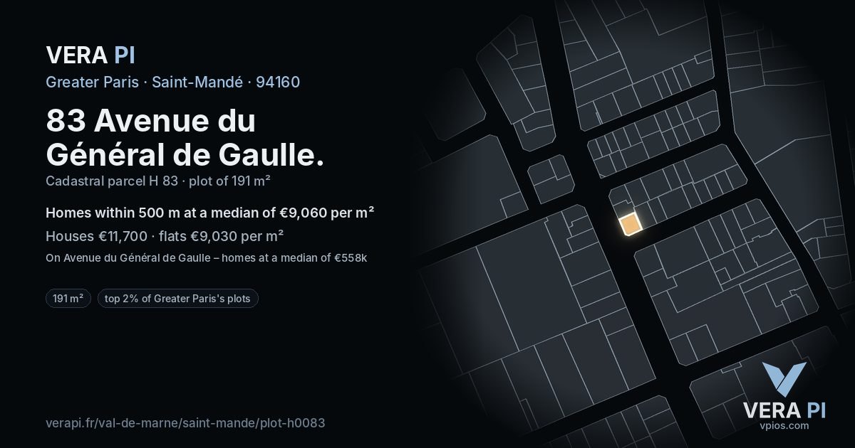 83 Avenue du Général de Gaulle, Saint-Mandé at night – the plot lit, the parcels around coloured by the prices near them