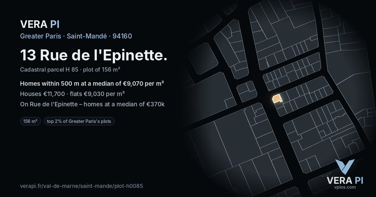 13 Rue de l'Epinette, Saint-Mandé at night – the plot lit, the parcels around coloured by the prices near them