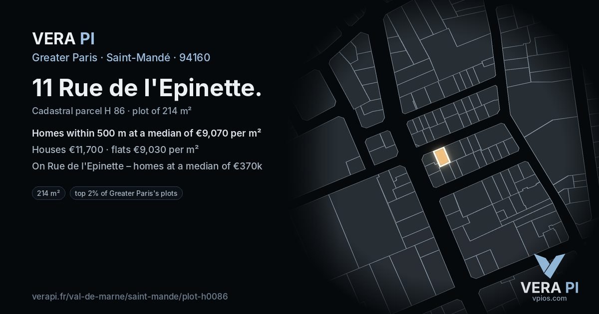 11 Rue de l'Epinette, Saint-Mandé at night – the plot lit, the parcels around coloured by the prices near them